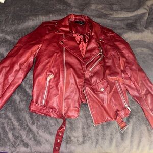 Love Tree Red Leather Bomber Jacket